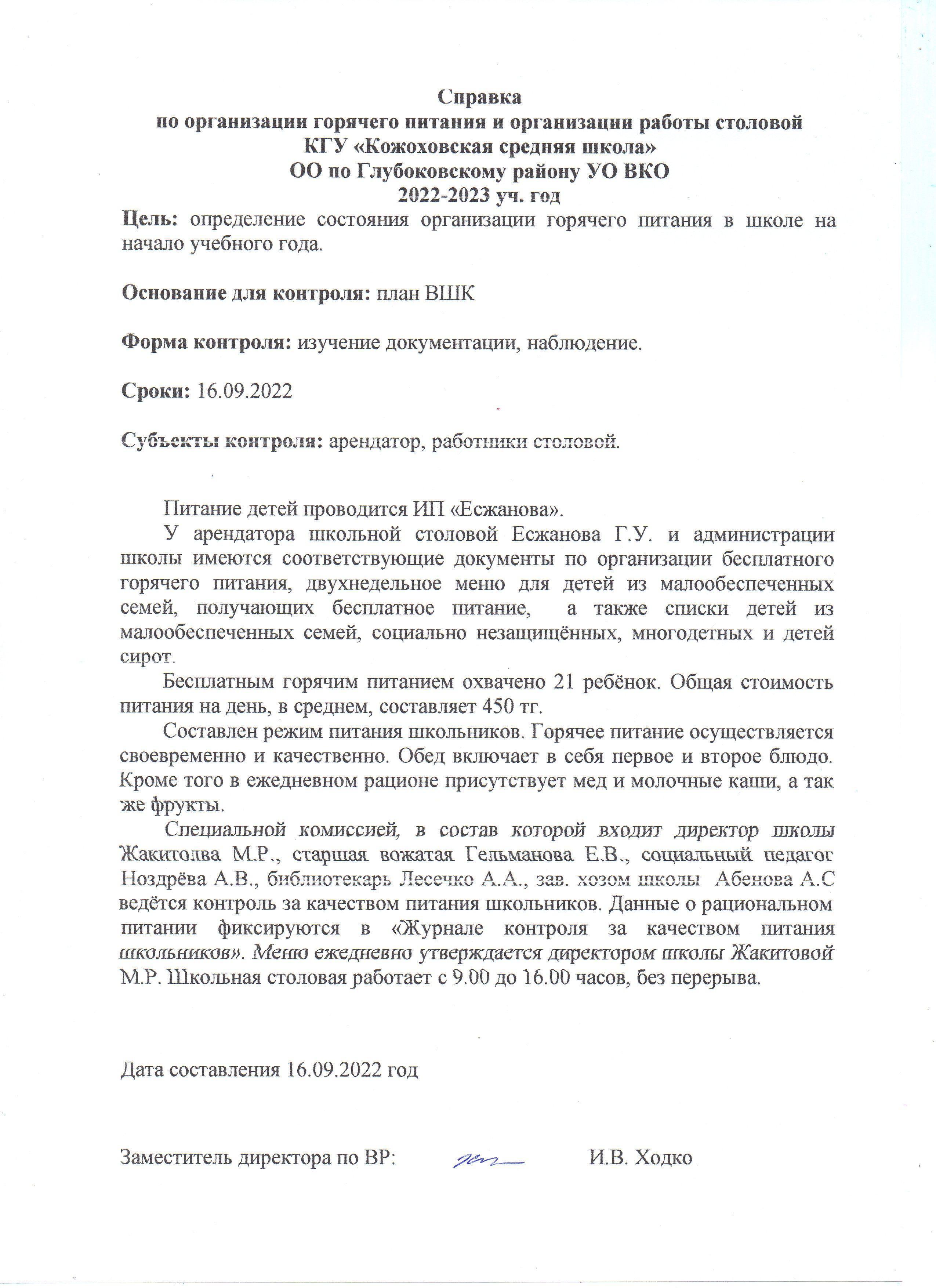Справка по организации горячего питания и организации работы столовой.